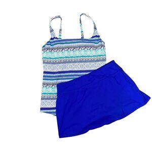 Lands' End Blue Boho Aztec Tankini Top W/ Swim Skirt Women's Size 6 Long
